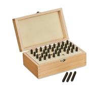 Relaxdays Alphabet Stamp Set, Punch Letter, 36-piece, 3 mm, Leather and Metal, Wooden Box, Tool A-Z & 0-9, Steel, Black, Wood, 7 x 18 x 11.5 cm