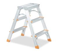 Relaxdays Aluminium Stepladder, Folding, 3 Tread, Ladder up to 150 kg, Double-Sided, Step Stool, Silver/Orange