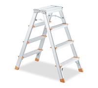 Relaxdays Aluminium Stepladder, Folding, 4 Tread, Ladder up to 150 kg, Double-Sided, Step Stool, Silver/Orange