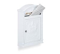 Relaxdays Antique Letterbox, 44.5 x 31 x 9.5 cm, English-Style Wall-Mount Mailbox, Cast Aluminum, for DIN A4 Letters, with Roof, White
