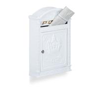 Relaxdays Antique Letterbox, 44.5 x 31 x 9.5 cm, English-Style Wall-Mount Mailbox, Cast Aluminum, for DIN A4 Letters, with Roof, White