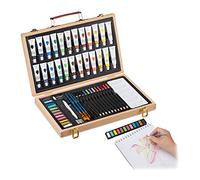 Relaxdays Art, 56-Piece Paint Wooden Box, Artist Set With Eraser, Colouring & Sketch Pencils, Acrylics, Natural, 70% wood 20% aluminium 10% plastic, 27 x 37 x 5 cm