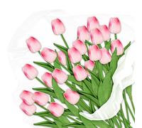 Relaxdays Artificial Tulips, 24 Realistic Plastic Flowers, Faux Blooms, Fake Bouquet, Approx. 33.5 cm Tall, Pink/Green