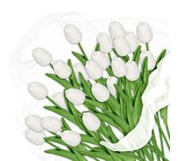 Relaxdays Artificial Tulips, 24 Realistic Plastic Flowers, Faux Blooms, Fake Bouquet, Approx. 33.5 cm Tall, White/Green