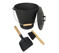 Relaxdays Ash Bucket with Lid, 15L, Includes Ash Brush & Fireplace Shovel, Wooden Handle, Black/Natural, 30x30x23cm