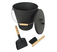 Relaxdays Ash Bucket with Lid, 20L, In sh Brush & Fireplace Shovel, Handle, Black/Natural