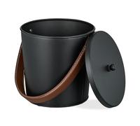Relaxdays Bucket, with Lid, 4.5 litres, Bin with Leather Handle, for Coal & Ash, Fireplace, Stove, Black/Brown, Iron, M, 21 x 22 x 22 cm