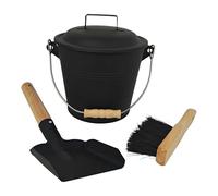 Relaxdays Ash Bucket with Lid, 4.5L, Includes Ash Brush & Shovel, Handle, Black/Natural, 18x21.5x16.5cm
