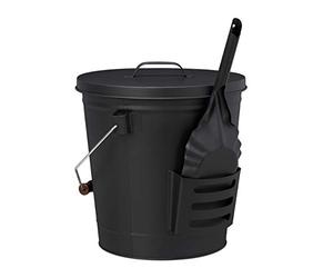 Relaxdays Ash Bucket with Lid and Shovel, Steel, Charcoal Bin with Handle, 19 L, Fireplace & BBQ Set, Black