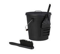 Relaxdays Ash Bucket with Lid and Sweeping Set, vol. 19 L, incl. Broom & Fireplace Shovel, HWD: 36 x 35.5 x 33 cm, Black, Steel