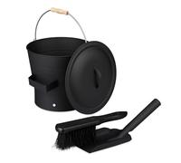 Relaxdays Ash Bucket with Lid & Sweeping Set, 7.5 Litres, Shovel & Broom, Fireplace Bin, Container with Handle, Black, Iron