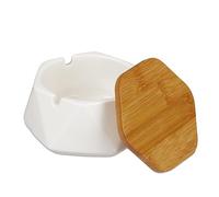 Relaxdays Ashtray with Bamboo Lid, Ceramic, for Outdoor & Indoor, HxWxD: 6 x 10.5 x 10.5 cm, Windproof, White/Natural