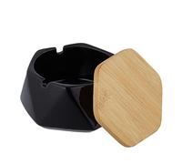 Relaxdays Ashtray with Lid, Ceramic, Outdoors, Indoors, W x D: 11.5 x 10.5 cm, Windproof, Stylish, Modern, Black/Natural, 6 x 11.5 x 10.5 cm