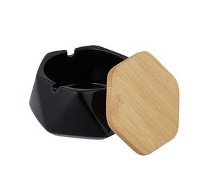 Relaxdays Ashtray with Lid, Ceramic, Outdoors, Indoors, W x D: 11.5 x 10.5 cm, Windproof, Stylish, Modern, Black/Natural, 6 x 11.5 x 10.5 cm