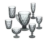 Relaxdays Set of 7 Glasses, Jug, Ice Cream Cup, Champagne Glass, 2 Drinking Glasses & Wine Glasses, Dishwasher Safe, Grey