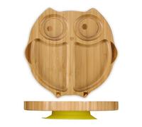 Relaxdays Baby Plate, with Suction Cup, Bamboo, Owl Motif, Non-Slip, BPA-Free, Complementary Food Dish, Divided Sections, 3 x 20.5 x 20 cm