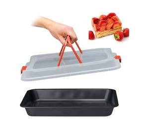 Relaxdays Baking Tray with Lid, Cake Carrier, Kitchen Storage Container with Handles, WxD: 40.5 x 32.5 cm, Black/Red