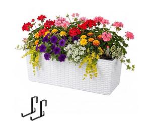 Relaxdays balcony planter, self-watering, HxWxD: 19x50x19 cm, railing brackets, insert & level indicator, PP, white