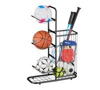 Relaxdays ball rack, 3 removable ball holders, for basketball, football, sports equipment rack with basket, metal, black