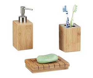 Relaxdays Bamboo Bathroom Accessories Set of 3, Soap Dispenser, Soap Dish and Toothbrush Holder, Natural