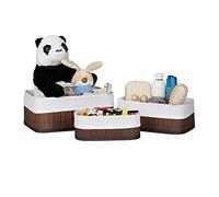 Relaxdays Bamboo Bathroom Baskets, HxWxD13 x 30 x 20 cm, Set of 3 Shelf Bins with Cloth Insert, Brown