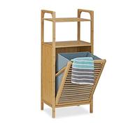 Relaxdays Bamboo Bathroom Shelf with Laundry Basket, Total Size: 95 x 40 x 30 cm Bath Storage Solution with 2 Shelves for Accessories and Fold-Out Laundry Sack Bin Hamper approx 25 L, Natural Brown
