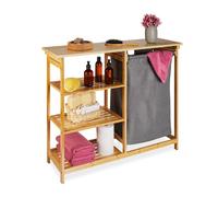 Relaxdays Bamboo Laundry Basket Shelf, 3 Levels, Removable Fabric Bag, HxWxD: 80x100x32cm, Bathroom Bin, Natural/Grey