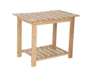 Relaxdays bamboo bathroom stool & shelf, showerhead holder, handles, HxWxD 42x53x33 cm, bath & hall bench, natural