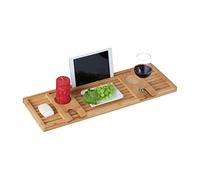Relaxdays Bamboo Bathtub Tray, 73.5 cm Wide, Over The Bath Caddy, Wooden Rack, with Wine Glass & Tablet Holder, Natural
