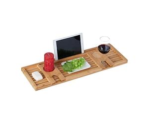 Relaxdays Bamboo Bathtub Tray, 73.5 cm Wide, Over the Bath Caddy, Wooden Rack, with Wine Glass & Tablet Holder, Natural