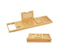 Relaxdays Bamboo Bathtub Tray, extendable 70-105 cm, Foldable, Wine Glass Holder & Book Support, Natural, 3.5 x 105 x 22 cm