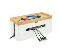 Relaxdays bamboo cable box, 16x34x13.5cm, for 6-socket strip, cable organiser w/lid & ties, natural/white