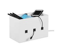 Relaxdays Bamboo Cable Box, Hide Lead Extensions & Cables, Desk Organiser, 16.5x25.5x14cm, White