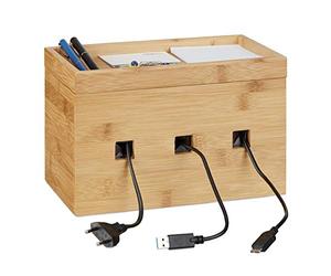 Relaxdays Bamboo Cable Box, Multipurpose Wooden Docking Station, Desk Organizer Charging Post, H x W x D: 16.5 x 25.5 x 14 cm, Natural