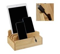 Relaxdays Charging Station, Tablet & Smartphone, Cable Organiser, H x W x D: 10 x 22.5 x 15, Bamboo, Natural, 10 x 22.5 x 15 cm