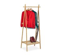 Relaxdays Bamboo Clothes Rack, Foldable, Rail with Shelf, 4 Hooks, HxWxD: 160 x 74 x 42 cm, Free-Standing, Brown, 160x74x42 cm