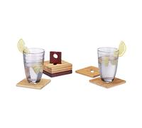 Relaxdays Bamboo Coasters Set 6 Glass Coasters with Stand, Wipeable Table Stand w x D: 10 x 10 cm, Natural