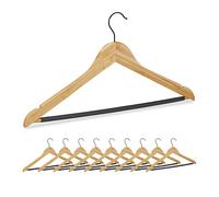 Relaxdays Bamboo Coat Hanger Set of 10, Closet Holders, Notches & Rails, Non-Slip, 360° Swivel Hooks, Natural/Black