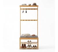 Relaxdays Bamboo Coat Rack with Bench, 10 Hooks, 2 Shoe Shelves, 175x70x33 cm, Natural