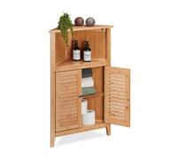 Relaxdays Corner Cabinet, Bamboo, HWD: 92x58x30 cm, Bathroom, Sauna. Kitchen, Storage Unit with 2 Slatted Doors, Natural
