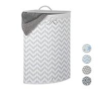 Relaxdays Bamboo Corner Hamper, Folding, Zigzag, 60L, Lidded, Laundry Bag, 65.5 x 49.5 x 37 cm, White-Grey, Pack of 1, 10028089_1173