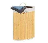 Relaxdays Bamboo Corner Basket, 65 x 49.5 x 37 cm, 64L, Folding Hamper with Laundry Sack, Creme
