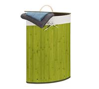 Relaxdays Bamboo Corner Laundry Basket, 65 x 49.5 x 37 cm, 64L, Folding Hamper with Laundry Sack, Green