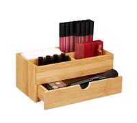 Relaxdays Bamboo Cosmetics Organiser, Multifunctional, 4 Compartments & Drawer, Desk Storage, Natural