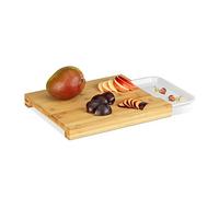 Relaxdays Bamboo Cutting Board, Pull-Out Tray for Cuttings, Food-Safe, HWD: 3x30x25 cm, Natural/White