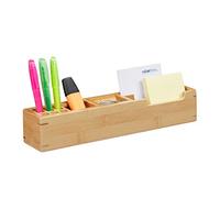 Relaxdays Bamboo Desk Organiser, 11 Compartment Storage Box, Office Stationery Stand HxWxD: 6 x 32 x 7 cm, Natural