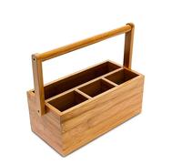 Relaxdays Bamboo Table or Desk Organiser, HxWxD: 20 x 25 x 11.5 cm, with 4 Compartments, Pen or Pencil Holder, with Handle, Natural Brown