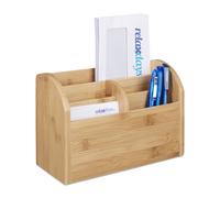 Relaxdays Bamboo Desk Organiser, Pen Holder, Letter Shelf, 5 Compartments, Wood Grain, 15 x 23 x 10 cm, Natural Brown