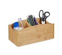 Relaxdays Bamboo Desk Organiser, Pencil Holder with 4 Compartments, Natural Wood Grain, Size: ca 11.5 x 26 x 13 cm, Natural Brown