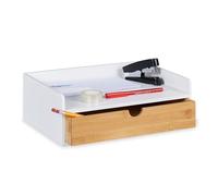 Relaxdays Bamboo Desk Organizer, 1 Drawer, DIN A4 Shelf, Office Organizer, White/Natural